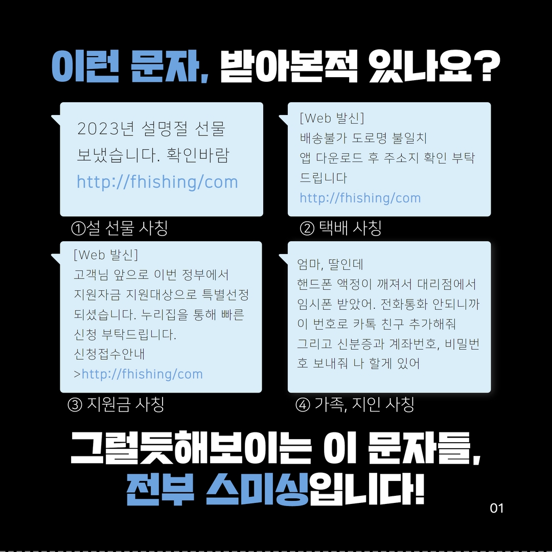 이런 문자, 받아본적 있나요?
2023년 설명절 선물 보냈습니다. 확인바람
http://fhishing/com
1설 선물 사칭
[Web발신]
고객님 앞으로 이번 정부에서 지원자금 지원대상으로 특별선정 되셨습니다. 누리집을 통해 빠른 신청 부탁드립니다.
[Web발신]
배송불가 도로명 불일치
앱 다운로드 후 주소지 확인 부탁 드립니다
http://fhishing/com
2 택배 사칭
엄마, 딸인데
핸드폰 액정이 깨져서 대리점에서 임시폰 받았어. 전화통화 안되니까 이 번호로 카톡 친구 추가해줘
신청접수안내
>http://fhishing/com
3 지원금 사칭
그리고 신분증과 계좌번호, 비밀번 호 보내줘 나 할게 있어
) 가족, 지인 사칭
그럴듯해보이는 이 문자들,
전부 스미싱입니다!