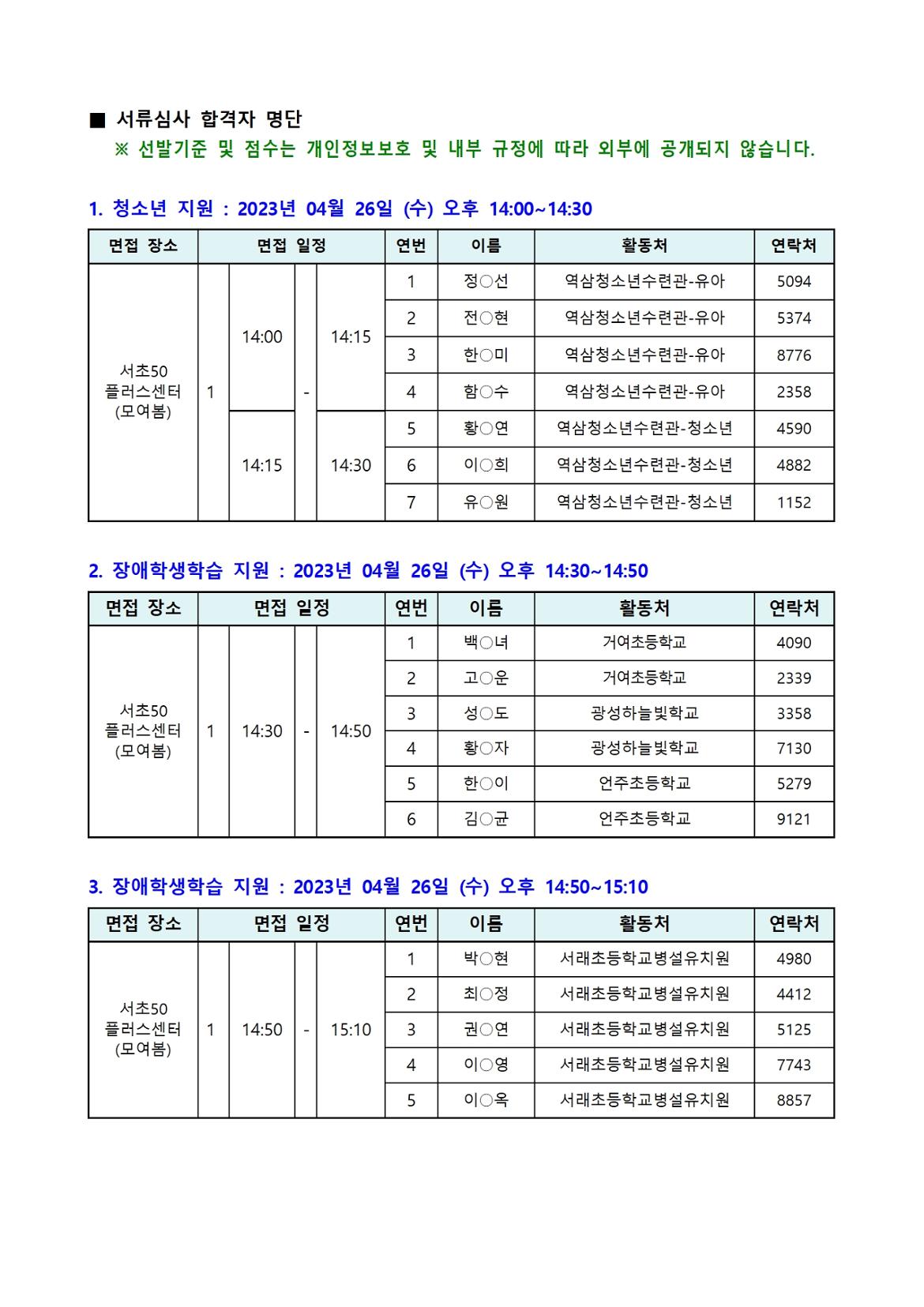 [2023년+서초50%2B+보람일자리]+3차+모집_서류+합격자+공고+(익명)002.jpg